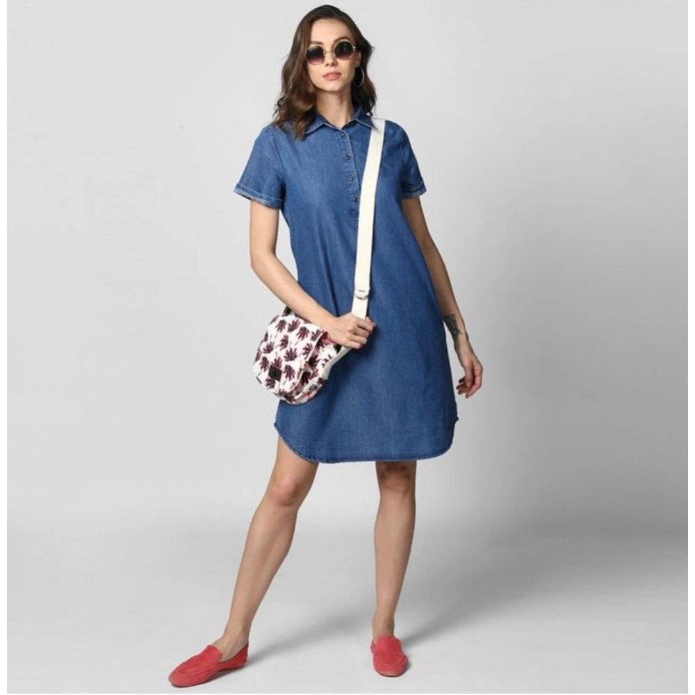 Generic Women's Denim Solid Collar Neck Short Sleeve Dress (Blue) Generic Women's Denim Solid Collar Neck Short Sleeve Dress (Blue)