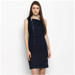 Generic Women's Denim Solid Square Neck Sleeveless Dress (Blue)