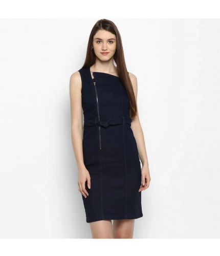 Generic Women's Denim Solid Square Neck Sleeveless Dress (Blue)