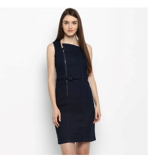 Generic Women's Denim Solid Square Neck Sleeveless Dress (Blue)