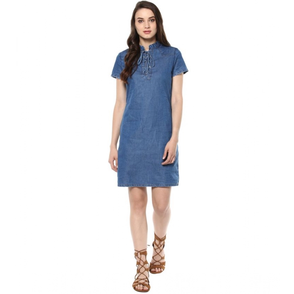 Generic Women's Denim Solid Tie-Up Neck Short Sleeve Dress (Blue) Generic Women's Denim Solid Tie-Up Neck Short Sleeve Dress (Blue)