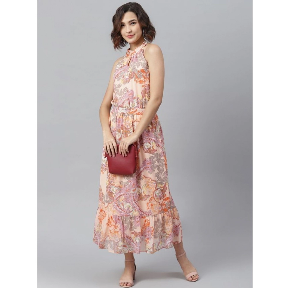 Generic Women's Polyester Maxi Halter Neck Sleeveless Dress (Peach) Generic Women's Polyester Maxi Halter Neck Sleeveless Dress (Peach)