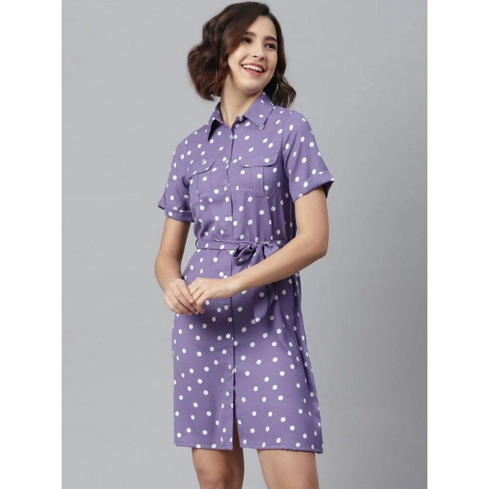 Generic Women's Polyester Polka Collar Neck Short Sleeve Dress (Lavender) Generic Women's Polyester Polka Collar Neck Short Sleeve Dress (Lavender)
