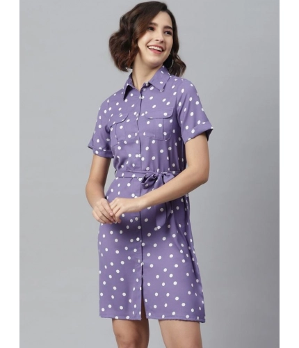 Generic Women's Polyester Polka Collar Neck Short Sleeve Dress (Lavender)