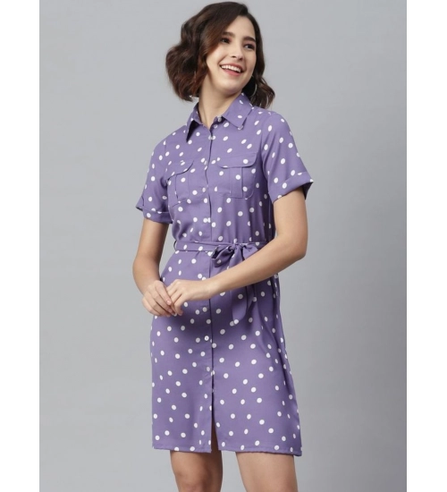 Generic Women's Polyester Polka Collar Neck Short Sleeve Dress (Lavender)