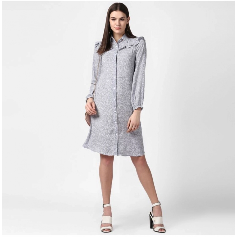 Generic Women's Polyester Floral Collar Neck Long Sleeves Dress (Blue) Generic Women's Polyester Floral Collar Neck Long Sleeves Dress (Blue)