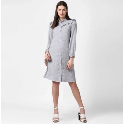 Generic Women's Polyester Floral Collar Neck Long Sleeves Dress (Blue)