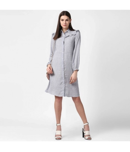 Generic Women's Polyester Floral Collar Neck Long Sleeves Dress (Blue)