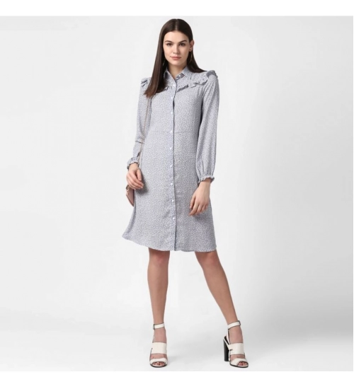 Generic Women's Polyester Floral Collar Neck Long Sleeves Dress (Blue)