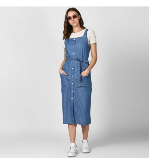 Generic Women's Denim Solid Round Neck Sleeveless Dress (Blue)