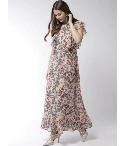 Generic Women's Polyester Floral Round Neck Flutter Dress (Multicolor)