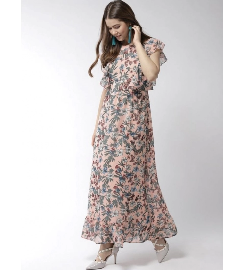 Generic Women's Polyester Floral Round Neck Flutter Dress (Multicolor)