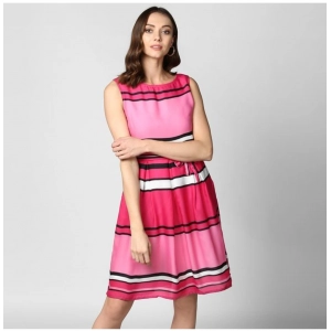 Generic Women's Polyester Striped Close Neck Sleeveless Dress (Pink)