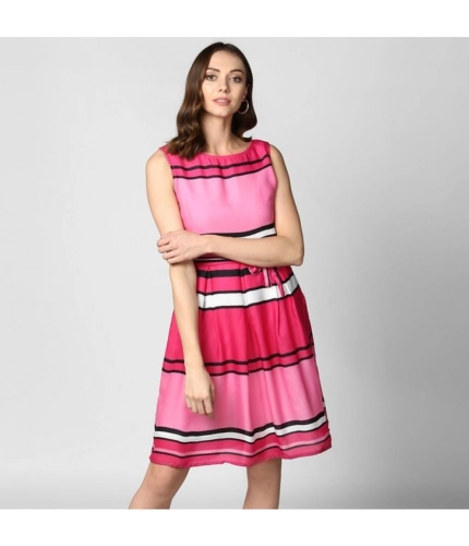 Generic Women's Polyester Striped Close Neck Sleeveless Dress (Pink)