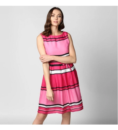 Generic Women's Polyester Striped Close Neck Sleeveless Dress (Pink)
