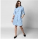 Generic Women's Denim Solid Collar Neck Roll Up Sleeve Dress (Blue)