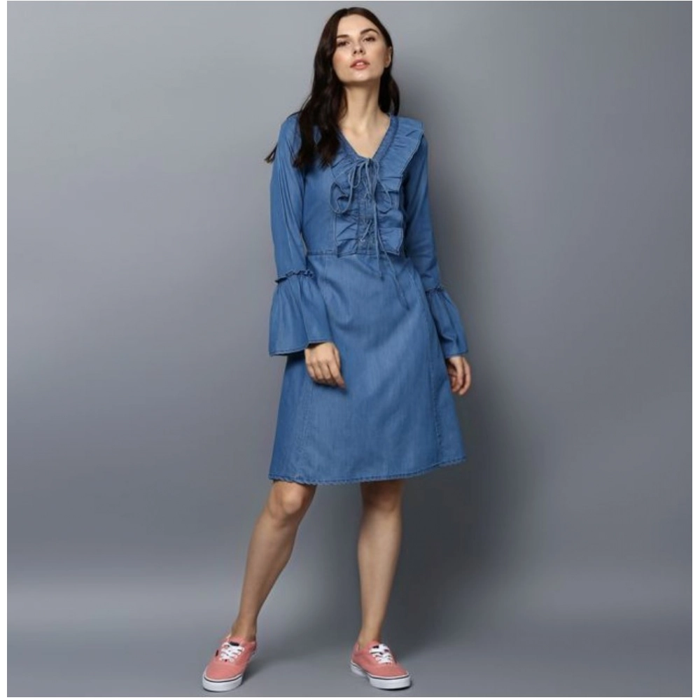 Generic Women's Denim Solid V-Neck Bell Sleeve Dress (Blue) Generic Women's Denim Solid V-Neck Bell Sleeve Dress (Blue)