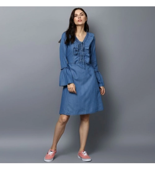 Generic Women's Denim Solid V-Neck Bell Sleeve Dress (Blue)