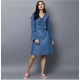 Generic Women's Denim Solid V-Neck Bell Sleeve Dress (Blue) Generic Women's Denim Solid V-Neck Bell Sleeve Dress (Blue)