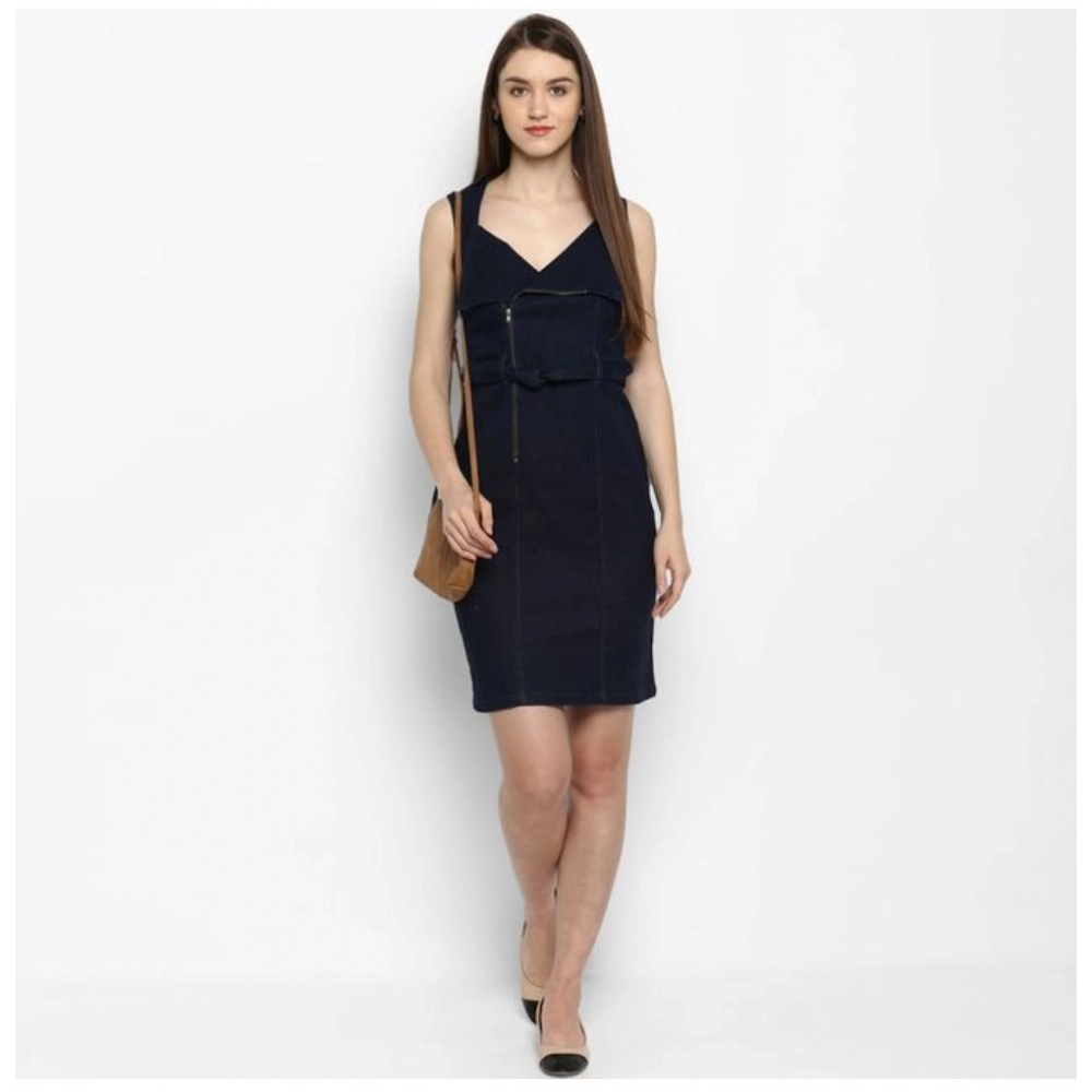 Generic Women's Denim Solid Square Neck Sleeveless Dress (Blue) Generic Women's Denim Solid Square Neck Sleeveless Dress (Blue)