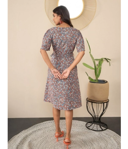 Generic Women's Polyester Moss Floral V-Neck Bell Sleeve Dress (Grey)