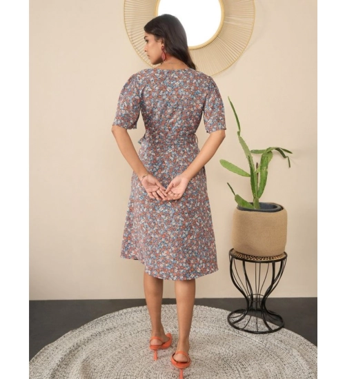 Generic Women's Polyester Moss Floral V-Neck Bell Sleeve Dress (Grey)