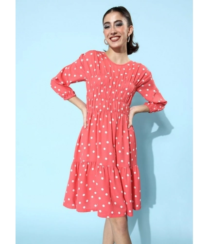 Generic Women's Polyester Moss Polka Round Neck 3/4th Sleeves Dress (Pink)