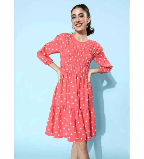Generic Women's Polyester Moss Polka Round Neck 3/4th Sleeves Dress (Pink)