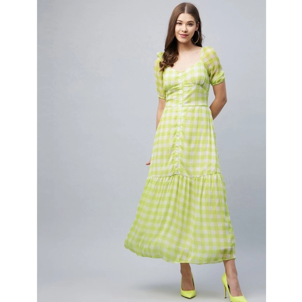 Generic Women's Polyester-Cotton Blend Checkered Square Neck Half Sleeve Dress (Lime Green) Generic Women's Polyester-Cotton Blend Checkered Square Neck Half Sleeve Dress (Lime Green)