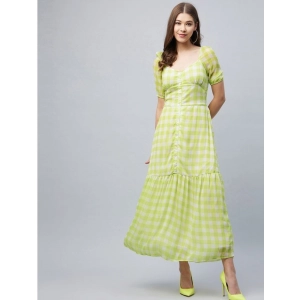 Generic Women's Polyester-Cotton Blend Checkered Square Neck Half Sleeve Dress (Lime Green)