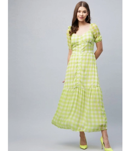 Generic Women's Polyester-Cotton Blend Checkered Square Neck Half Sleeve Dress (Lime Green)