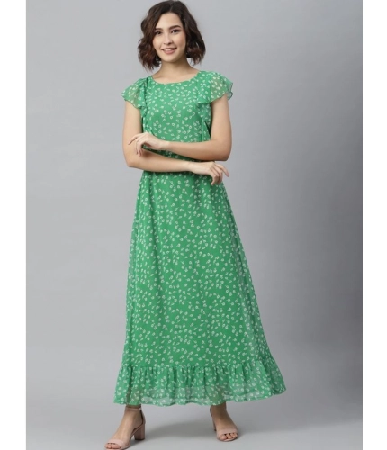 Generic Women's Polyester Floral Round Neck Short Sleeve Dress (Green)