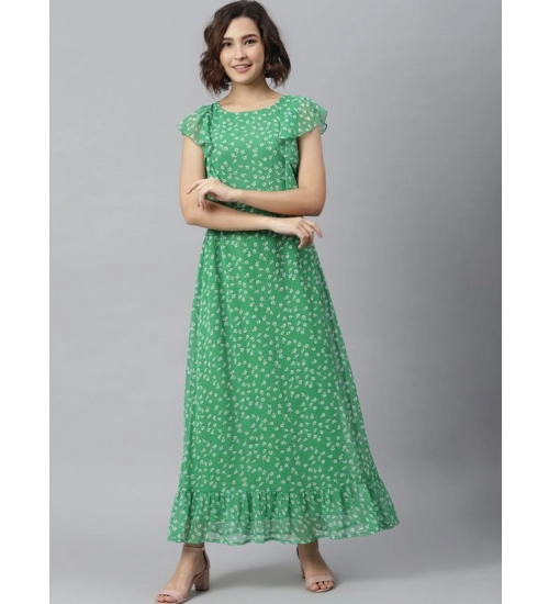 Generic Women's Polyester Floral Round Neck Short Sleeve Dress (Green)