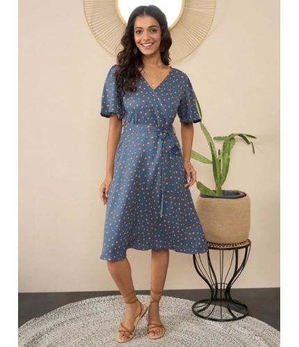 Generic Women's Polyester Moss Polka V-Neck Bell Sleeve Dress (Grey)