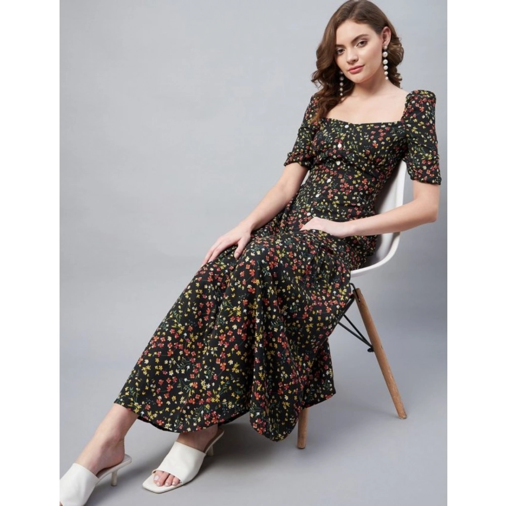 Generic Women's Polyester Moss Floral Square Neck Half Sleeve Dress (Black) Generic Women's Polyester Moss Floral Square Neck Half Sleeve Dress (Black)
