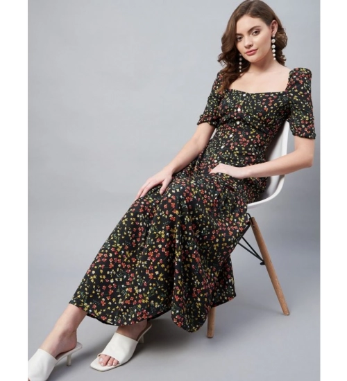 Generic Women's Polyester Moss Floral Square Neck Half Sleeve Dress (Black)