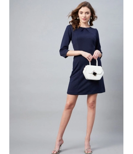 Generic Women's Polyester Jacquard Self Design Round Neck 3/4th Sleeves Dress (Navy)