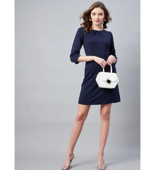 Generic Women's Polyester Jacquard Self Design Round Neck 3/4th Sleeves Dress (Navy)