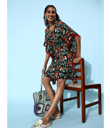 Generic Women's Polyester Moss Printed Round Neck Kaftan Sleeve Dress (Multicolor)