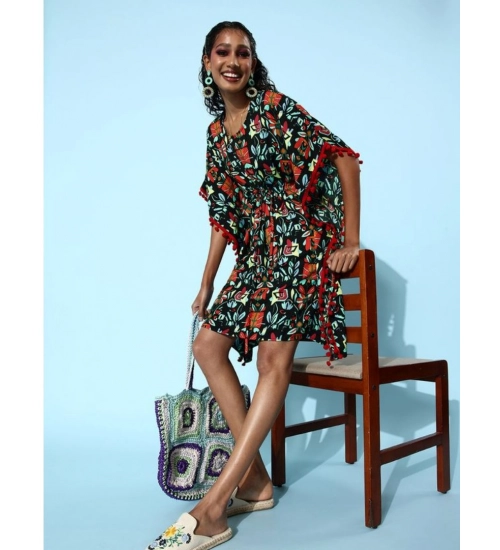 Generic Women's Polyester Moss Printed Round Neck Kaftan Sleeve Dress (Multicolor)