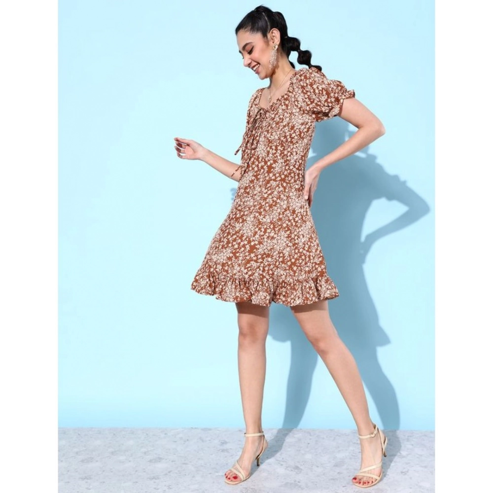 Generic Women's Polyester Crepe Floral Square Neck Short Sleeve Dress (Rust) Generic Women's Polyester Crepe Floral Square Neck Short Sleeve Dress (Rust)