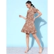 Generic Women's Polyester Crepe Floral Square Neck Short Sleeve Dress (Rust) Generic Women's Polyester Crepe Floral Square Neck Short Sleeve Dress (Rust)