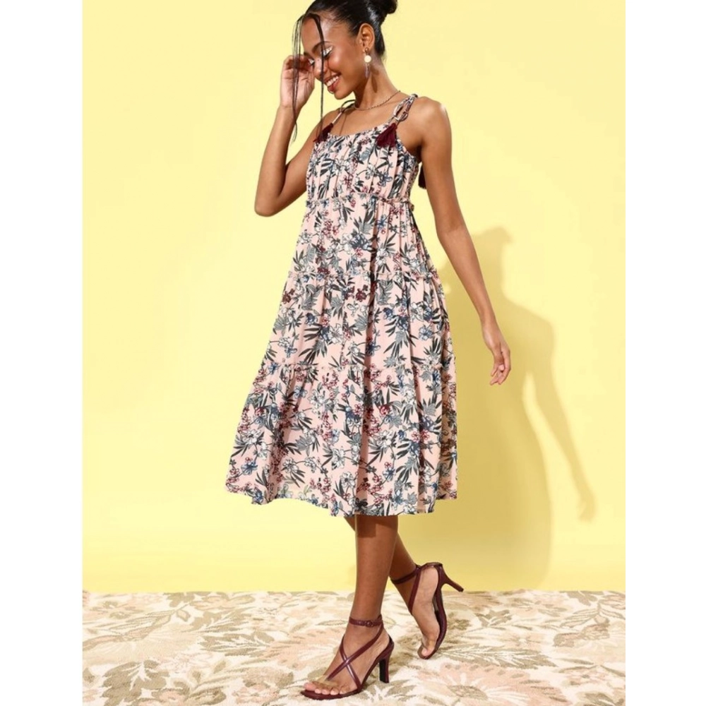 Generic Women's Georgette Floral Square Neck Sleeveless Dress (Peach) Generic Women's Georgette Floral Square Neck Sleeveless Dress (Peach)