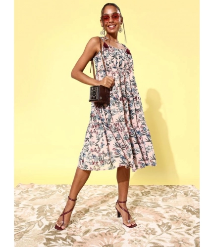 Generic Women's Georgette Floral Square Neck Sleeveless Dress (Peach)