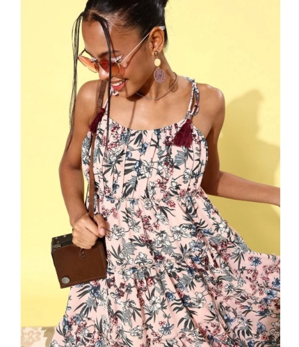 Generic Women's Georgette Floral Square Neck Sleeveless Dress (Peach)