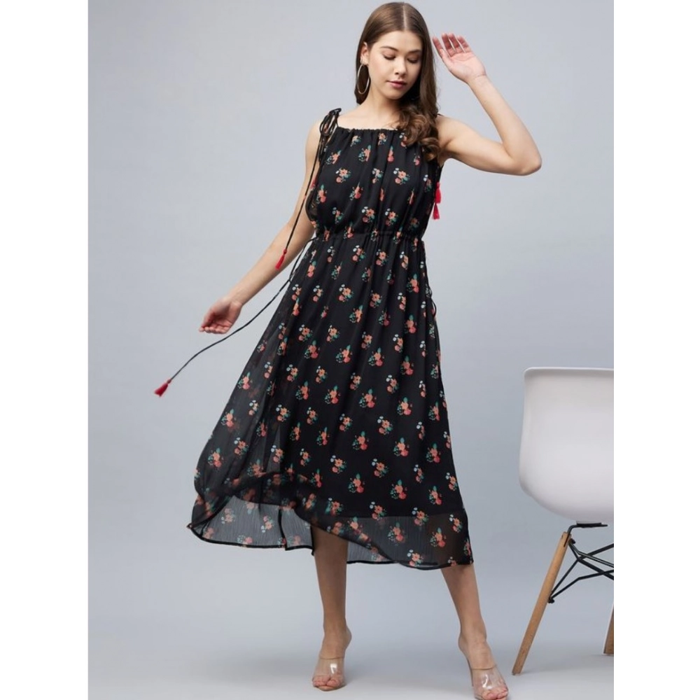 Generic Women's Chiffon Floral Square Neck Sleeveless Dress (Black) Generic Women's Chiffon Floral Square Neck Sleeveless Dress (Black)