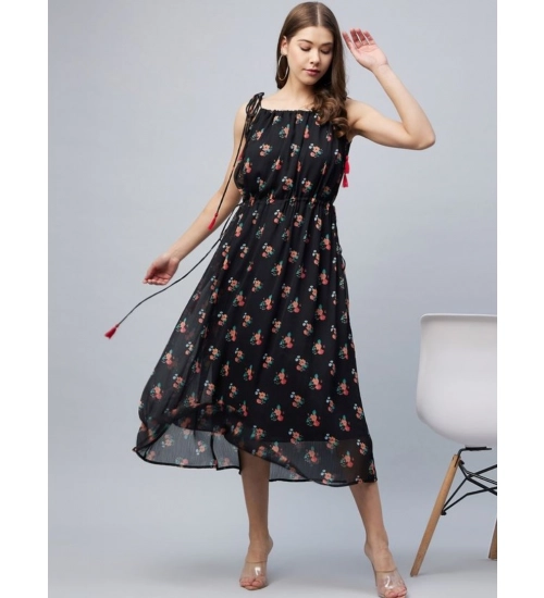 Generic Women's Chiffon Floral Square Neck Sleeveless Dress (Black)
