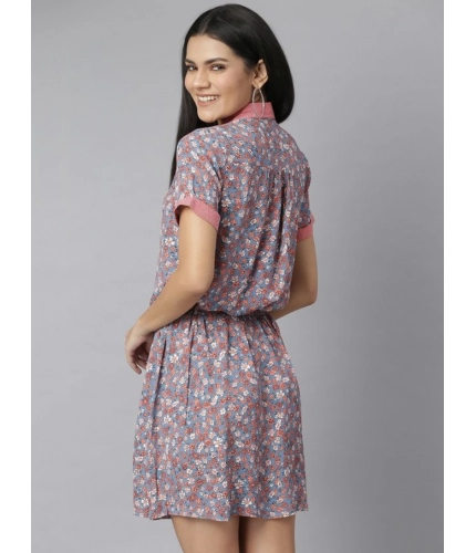 Generic Women's Polyester Moss Floral Collar Neck Short Sleeve Dress (Grey-Red)