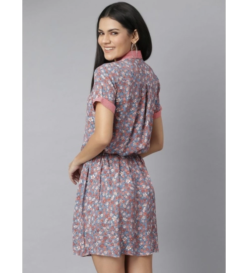 Generic Women's Polyester Moss Floral Collar Neck Short Sleeve Dress (Grey-Red)