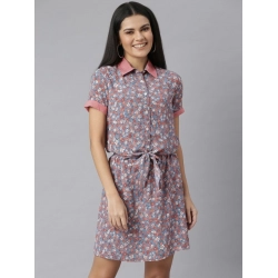 Generic Women's Polyester Moss Floral Collar Neck Short Sleeve Dress (Grey-Red)